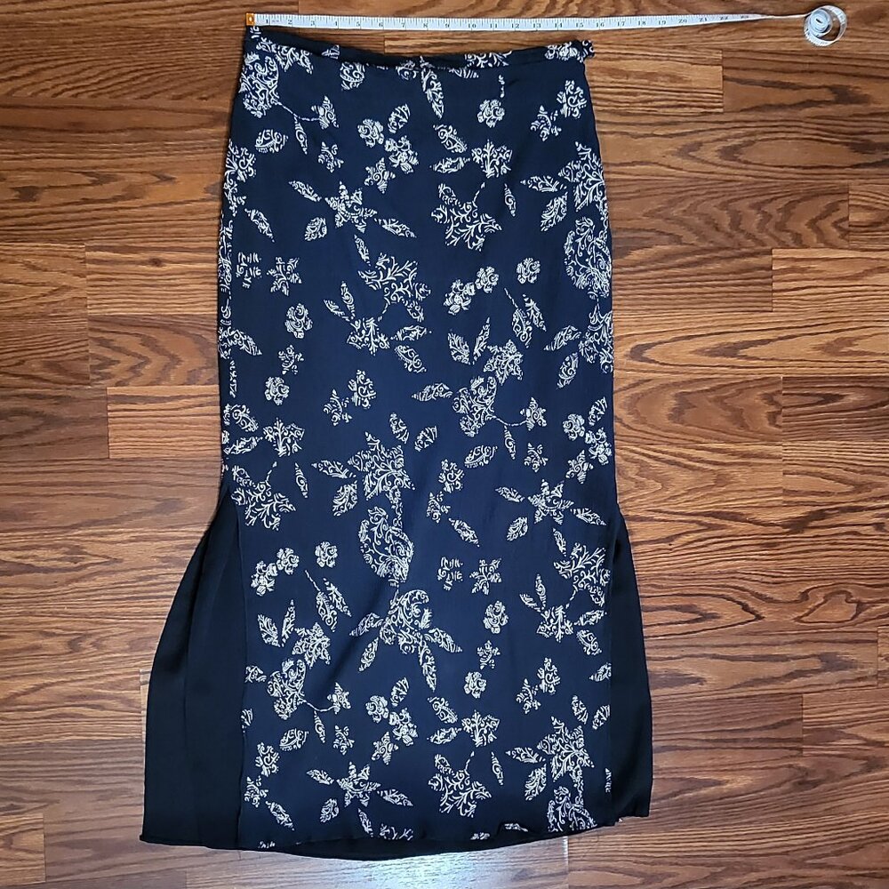 Dark Blue 100% Silk Floral and Star Double Side Slit Maxi Skirt